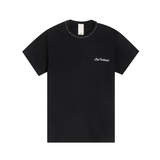 Black cotton T-shirt with small 'Club Hallelujah' front logo and braided neckline, front view