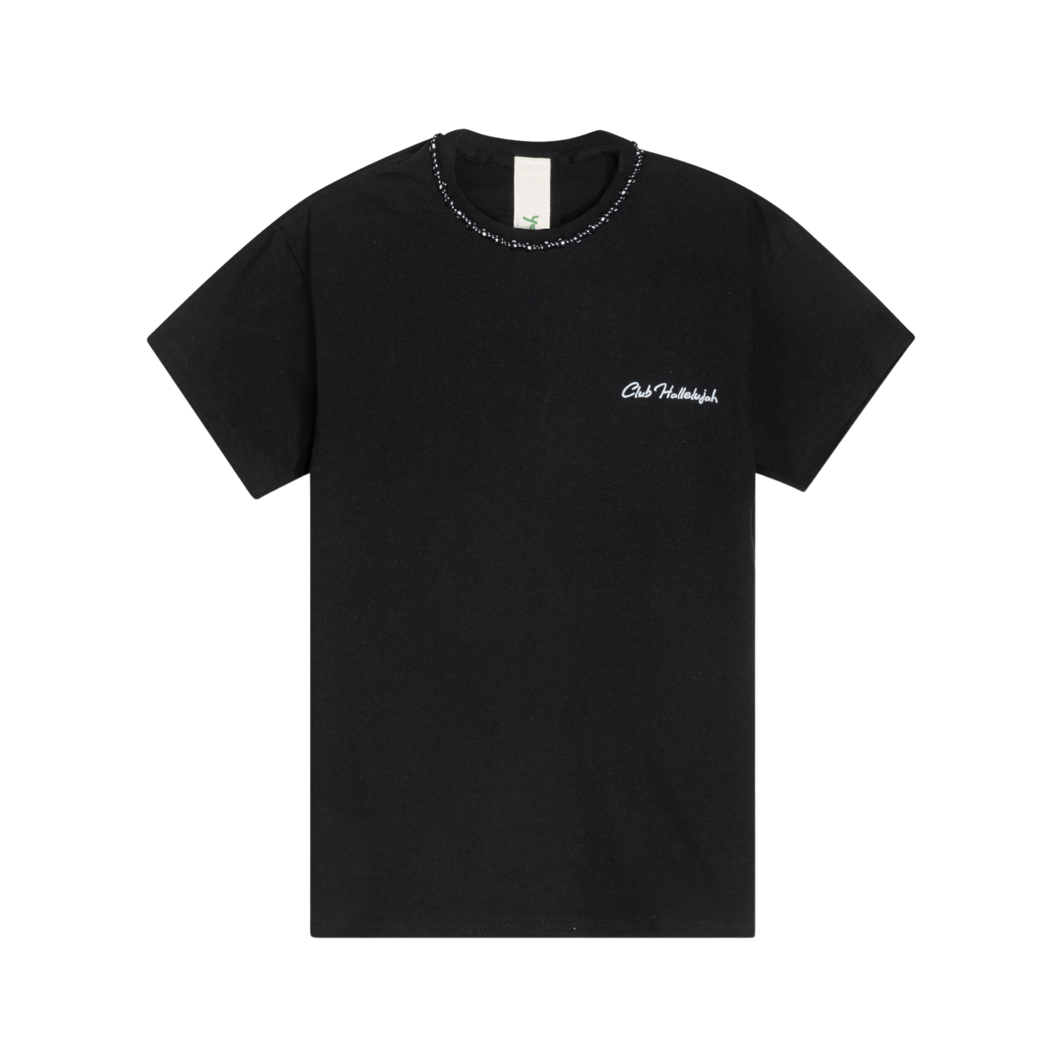 Black cotton T-shirt with small 'Club Hallelujah' front logo and braided neckline, front view