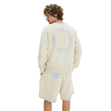 Male model back view wearing unisex stone sweatshirt, 100% cotton, handmade lace detail, sunburst back print