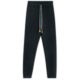 Front view of unisex black sweatpants with straight-leg fit, braided neon drawstrings, and handmade details