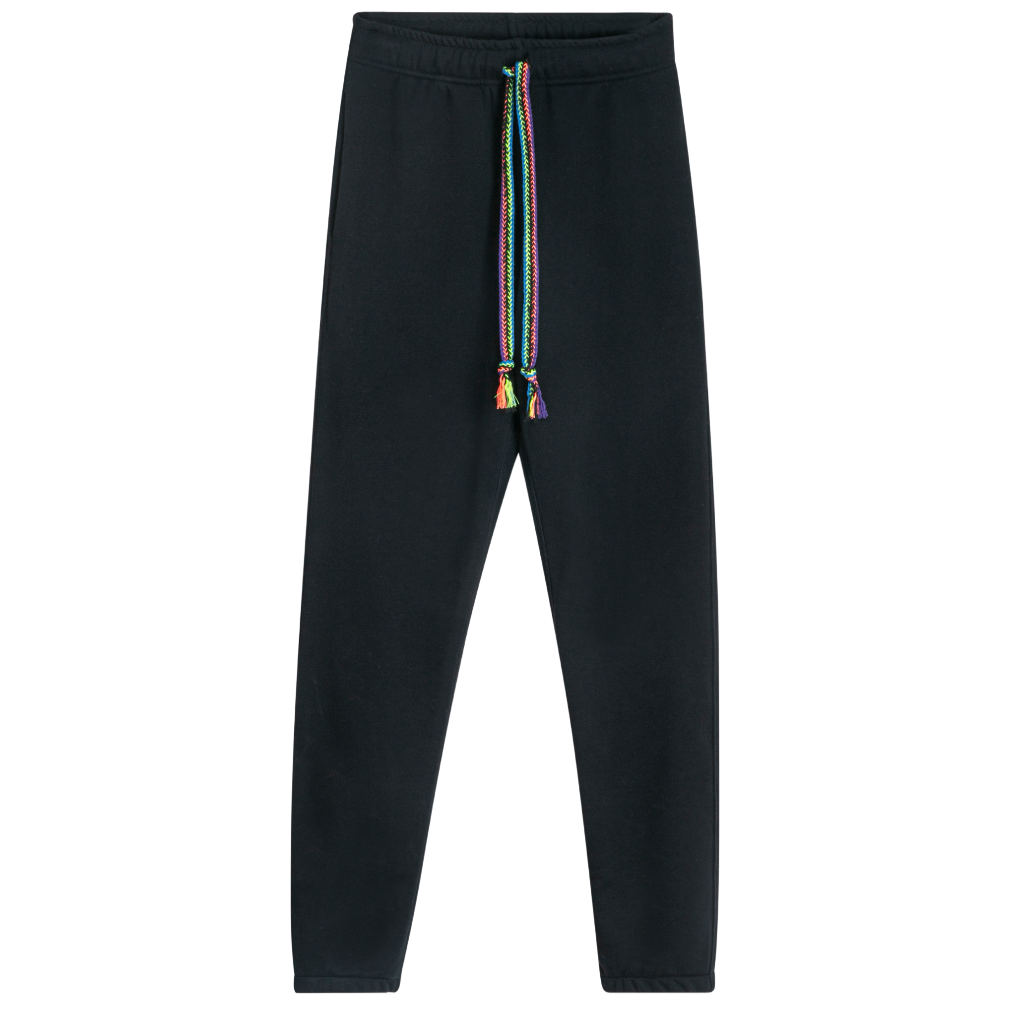 Front view of unisex black sweatpants with straight-leg fit, braided neon drawstrings, and handmade details
