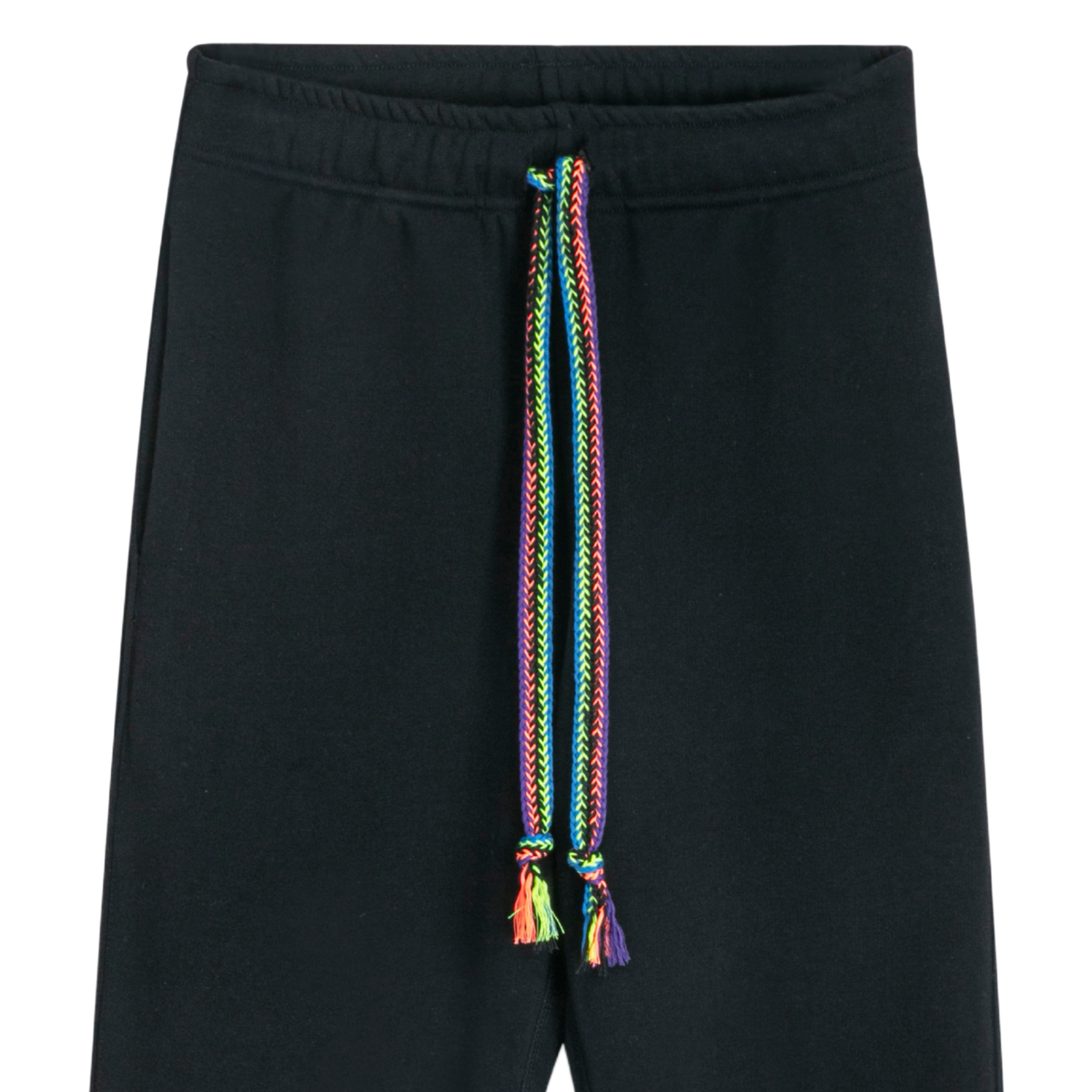 Close-up of braided neon drawstrings crafted by hand on unisex black sweatpants with classic straight-leg fit