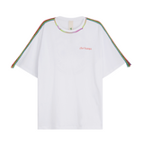 Front view of unisex Tokyo Hero white oversized T-shirt with embroidered chest logo and handmade braided multicolor shoulder details