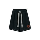 Front view of unisex black shorts with handmade braided drawstring, cowrie shells on hem, 100% cotton, embroidered Club Hallelujah logo