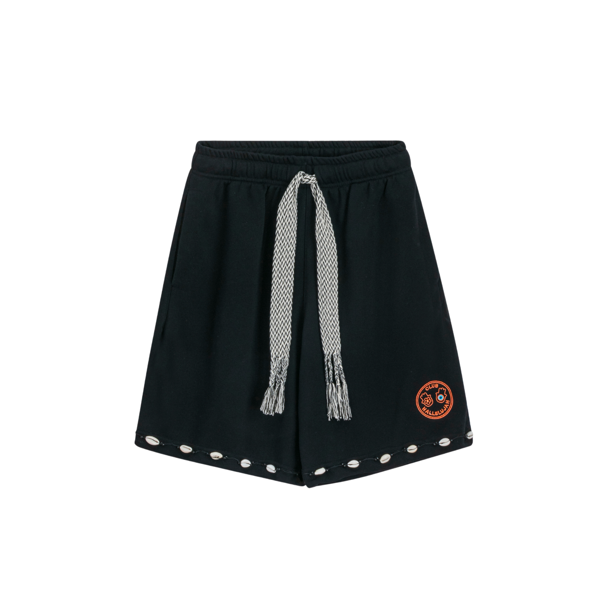 Front view of unisex black shorts with handmade braided drawstring, cowrie shells on hem, 100% cotton, embroidered Club Hallelujah logo