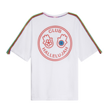 Back view of white oversized T-shirt with large printed graphic logo and handmade braided multicolor shoulders