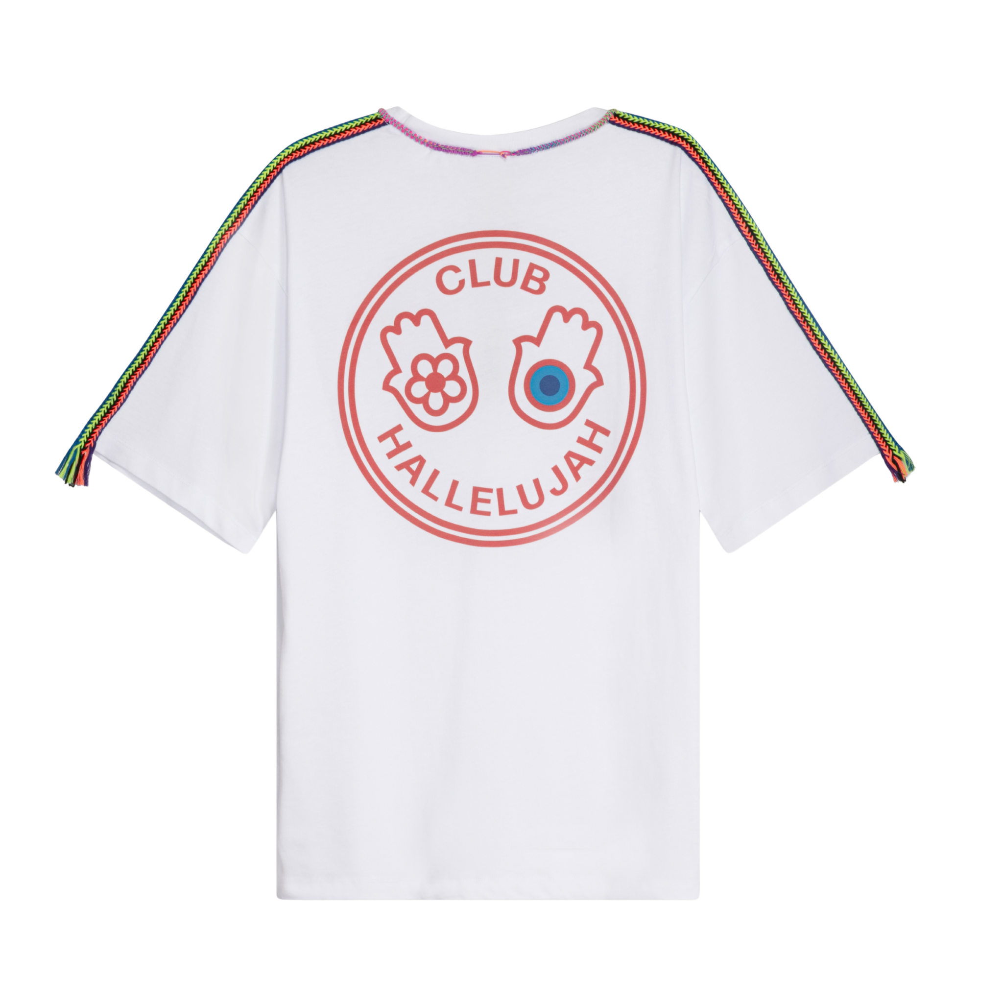 Back view of white oversized T-shirt with large printed graphic logo and handmade braided multicolor shoulders