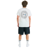 Male model wearing white T-shirt, back view, showing sunburst print and braided neckline
