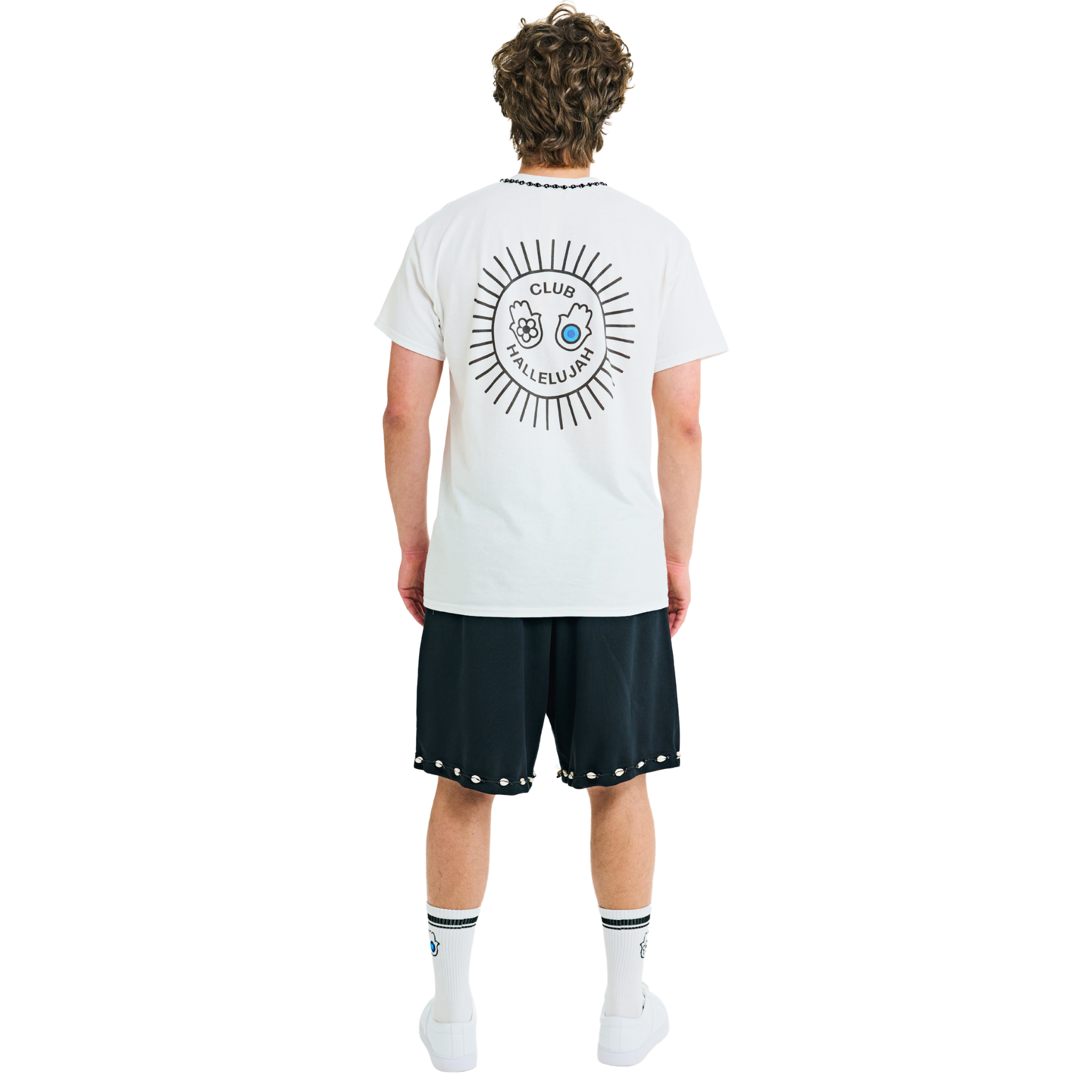 Male model wearing white T-shirt, back view, showing sunburst print and braided neckline