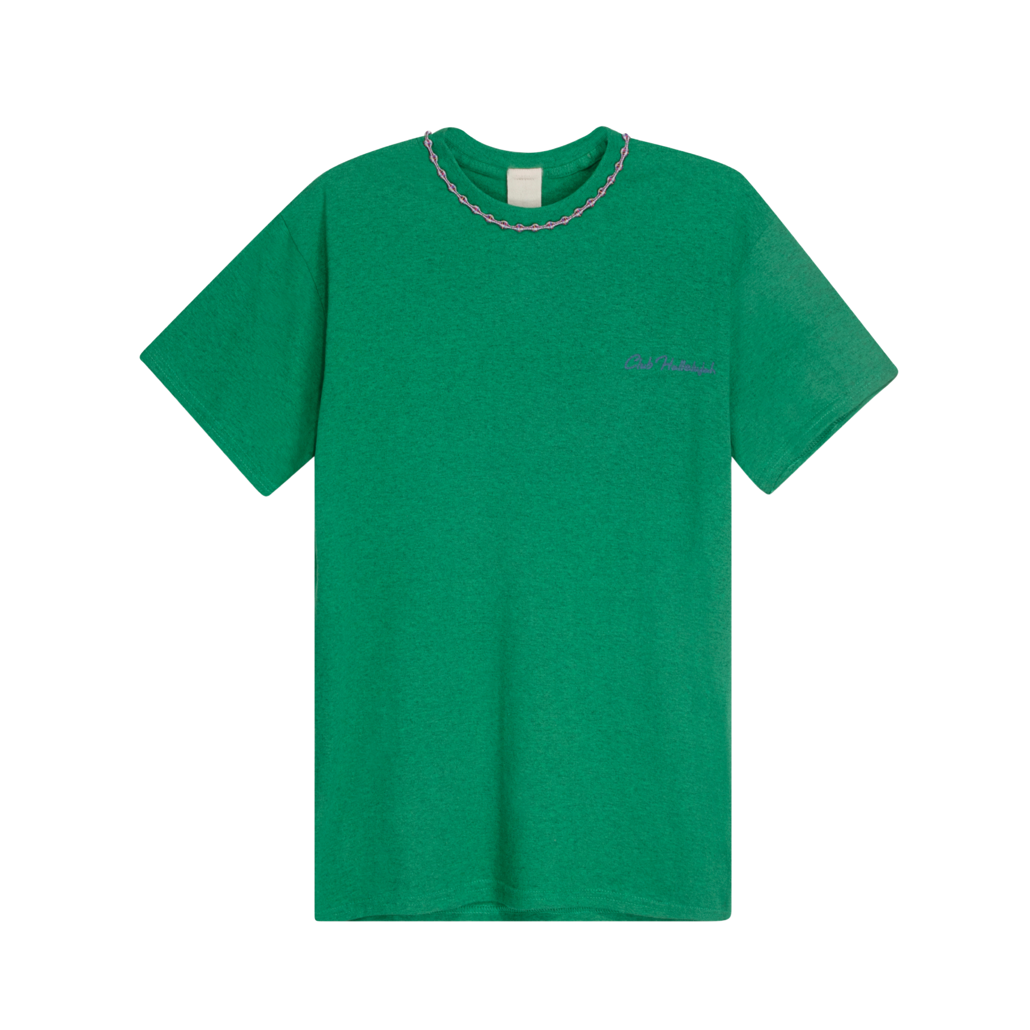 Green mélange cotton T-shirt with small 'Club Hallelujah' front logo and braided neckline, front view