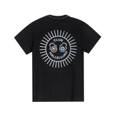 Black cotton T-shirt, back view, with white sunburst 'Club Hallelujah' print