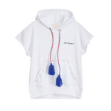 Front view of unisex white short-sleeved hoodie with embroidered pocket, blue tassel drawstring, and cowrie shell details