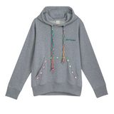 Front view of unisex grey hoodie with kangaroo pocket, embroidered cowrie shells, and hand-woven color-block drawstring