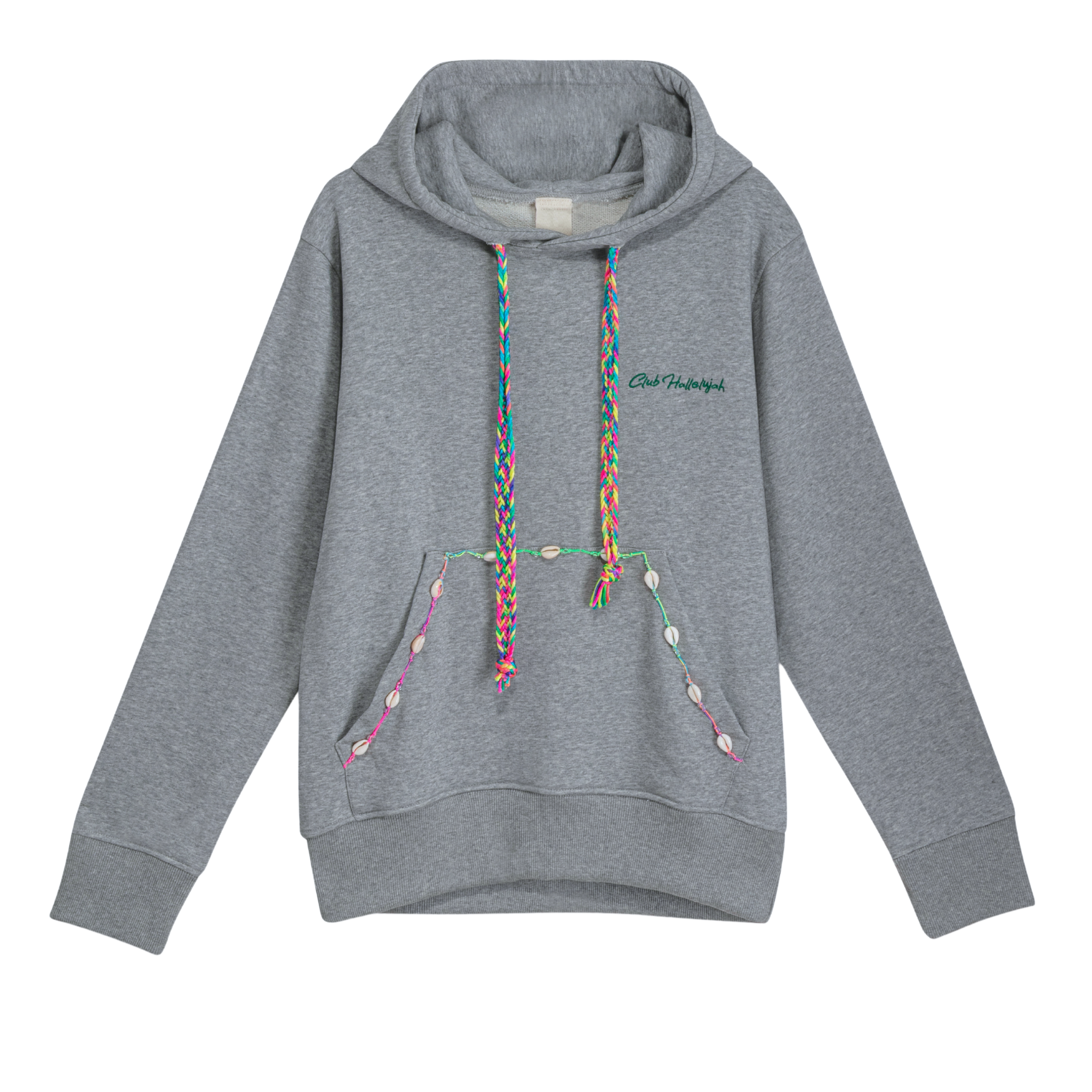 Front view of unisex grey hoodie with kangaroo pocket, embroidered cowrie shells, and hand-woven color-block drawstring
