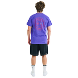 Male model wearing purple mélange T-shirt, back view, showing pink sunburst print and braided neckline
