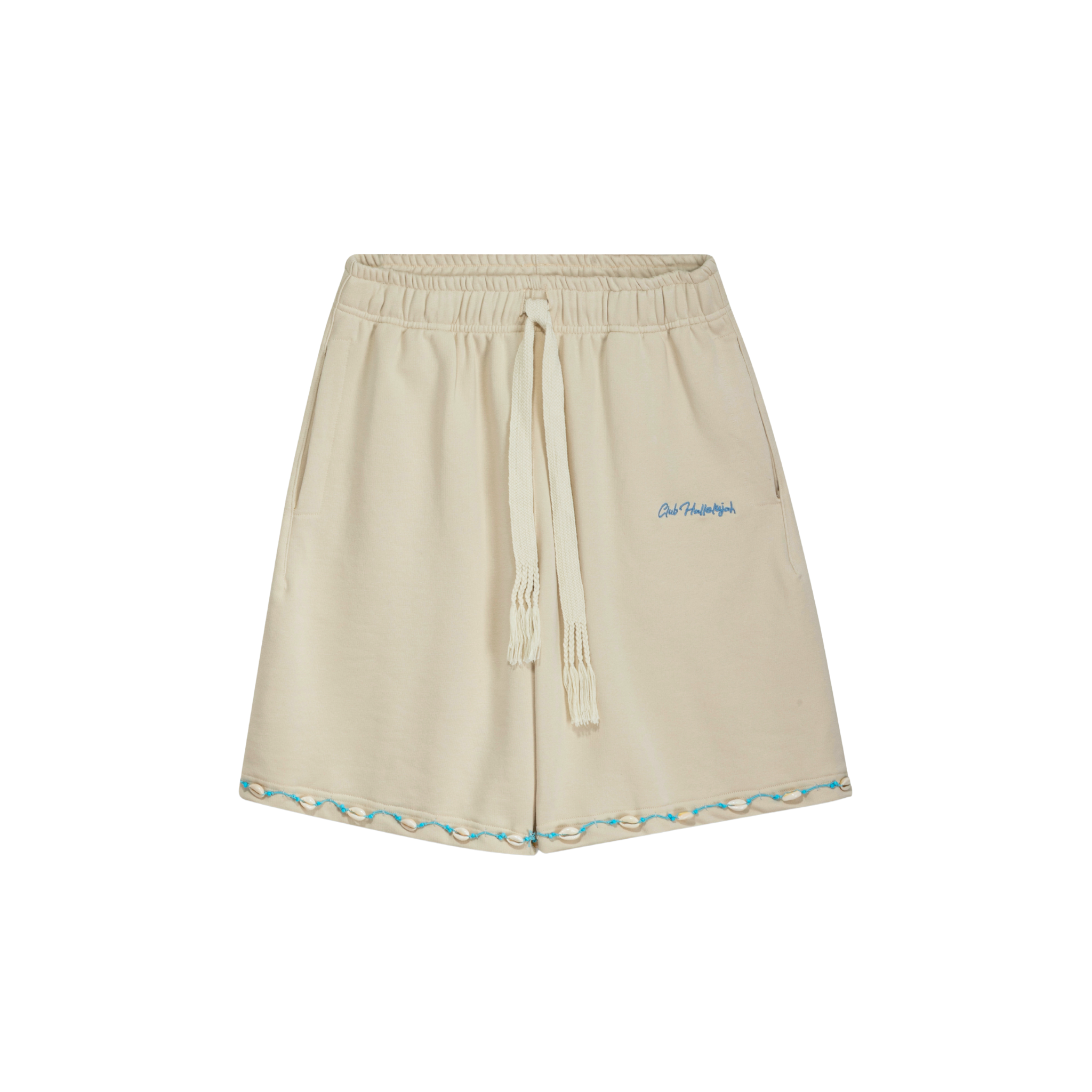 Unisex stone cotton shorts, embroidered Club Hallelujah logo, handmade drawstring with tassels, cowrie shell trim at hem