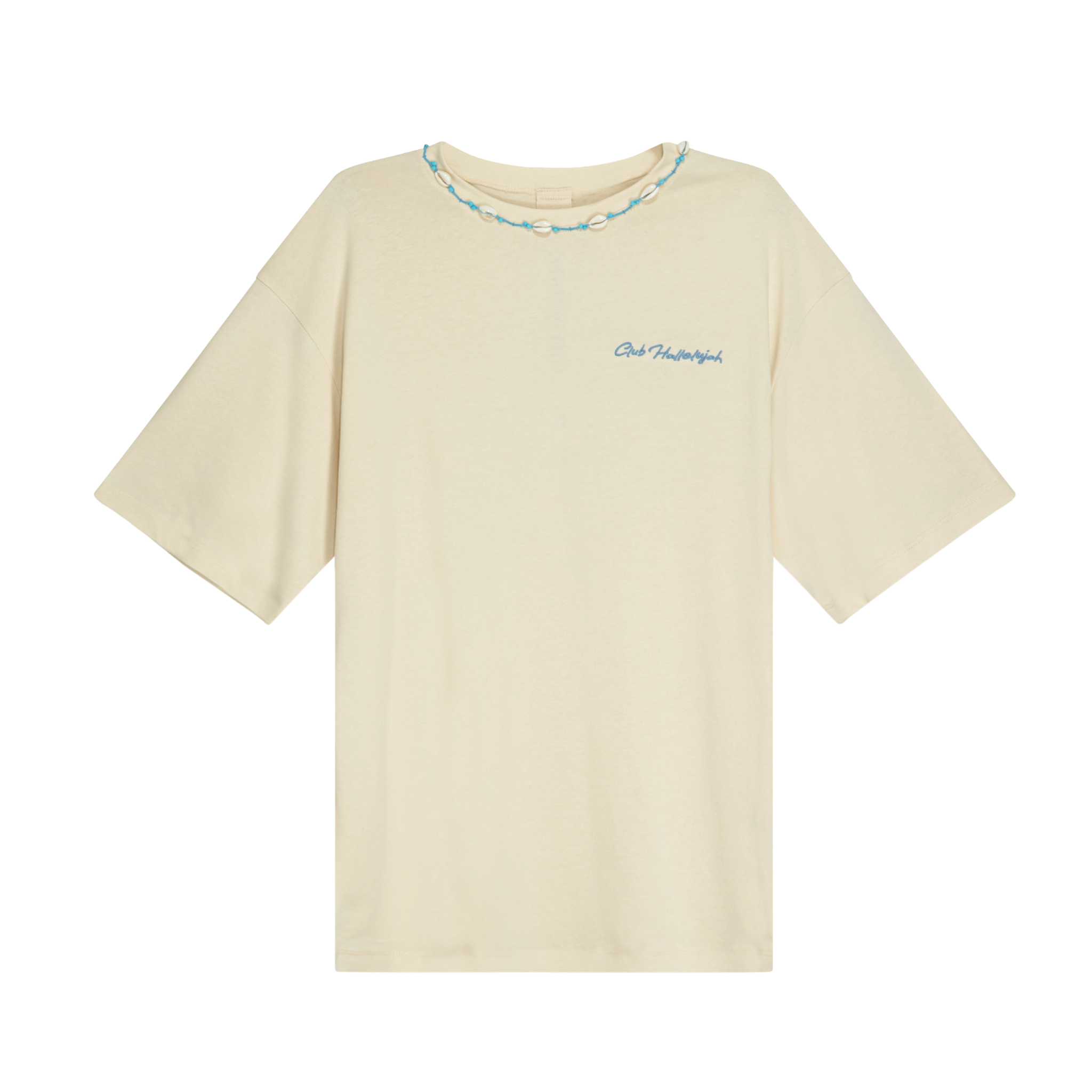 Unisex oversized Sabbia T-shirt, 100% cotton, Club Hallelujah embroidery on chest, handmade cowrie shell neckline, minimalist front design.