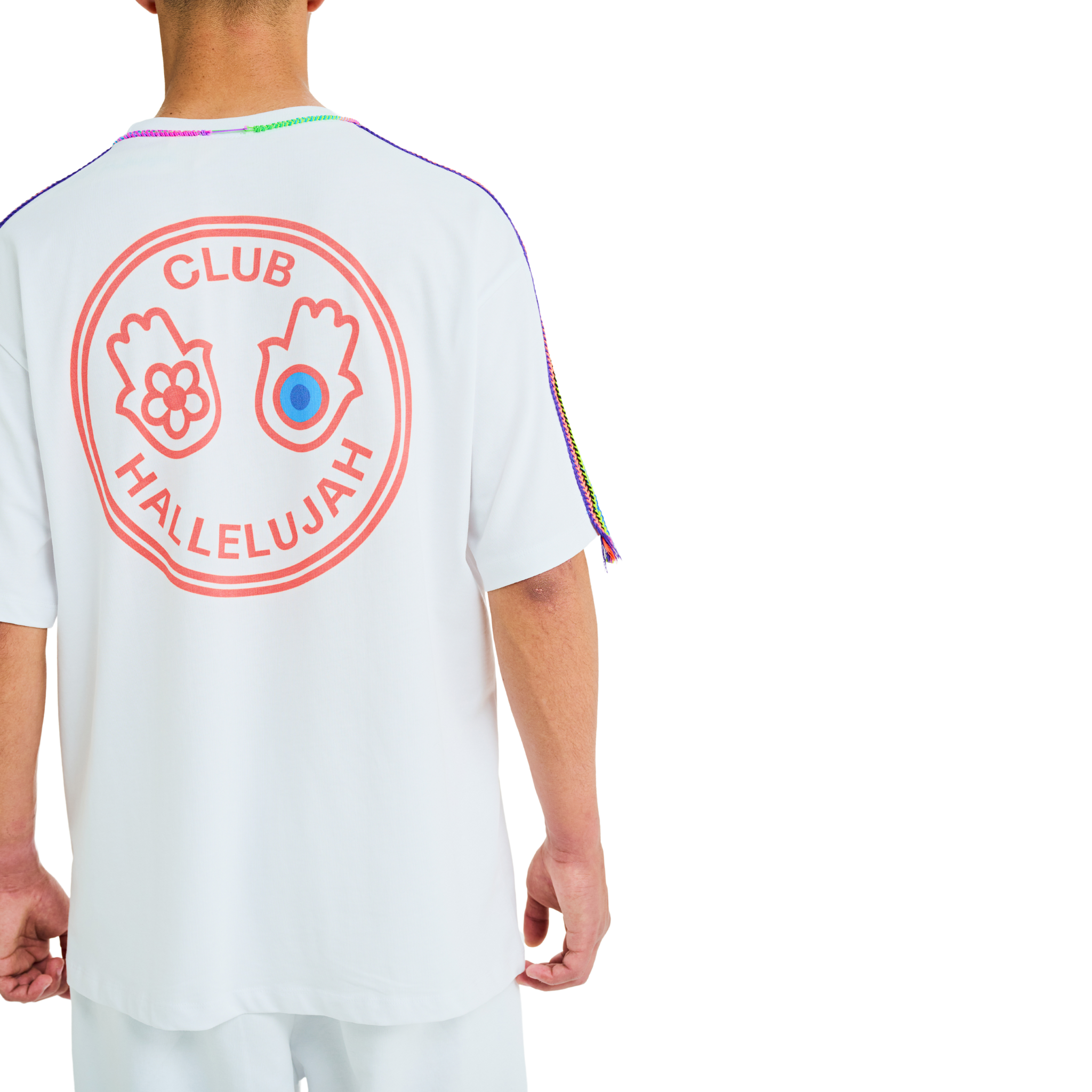 Back view of male model wearing unisex Tokyo Hero white oversized T-shirt with large printed logo and handmade braided shoulder details