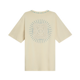 Unisex oversized Sabbia T-shirt, 100% cotton, handmade cowrie shell neckline, sunburst Club Hallelujah logo with handsewn lace detail at back