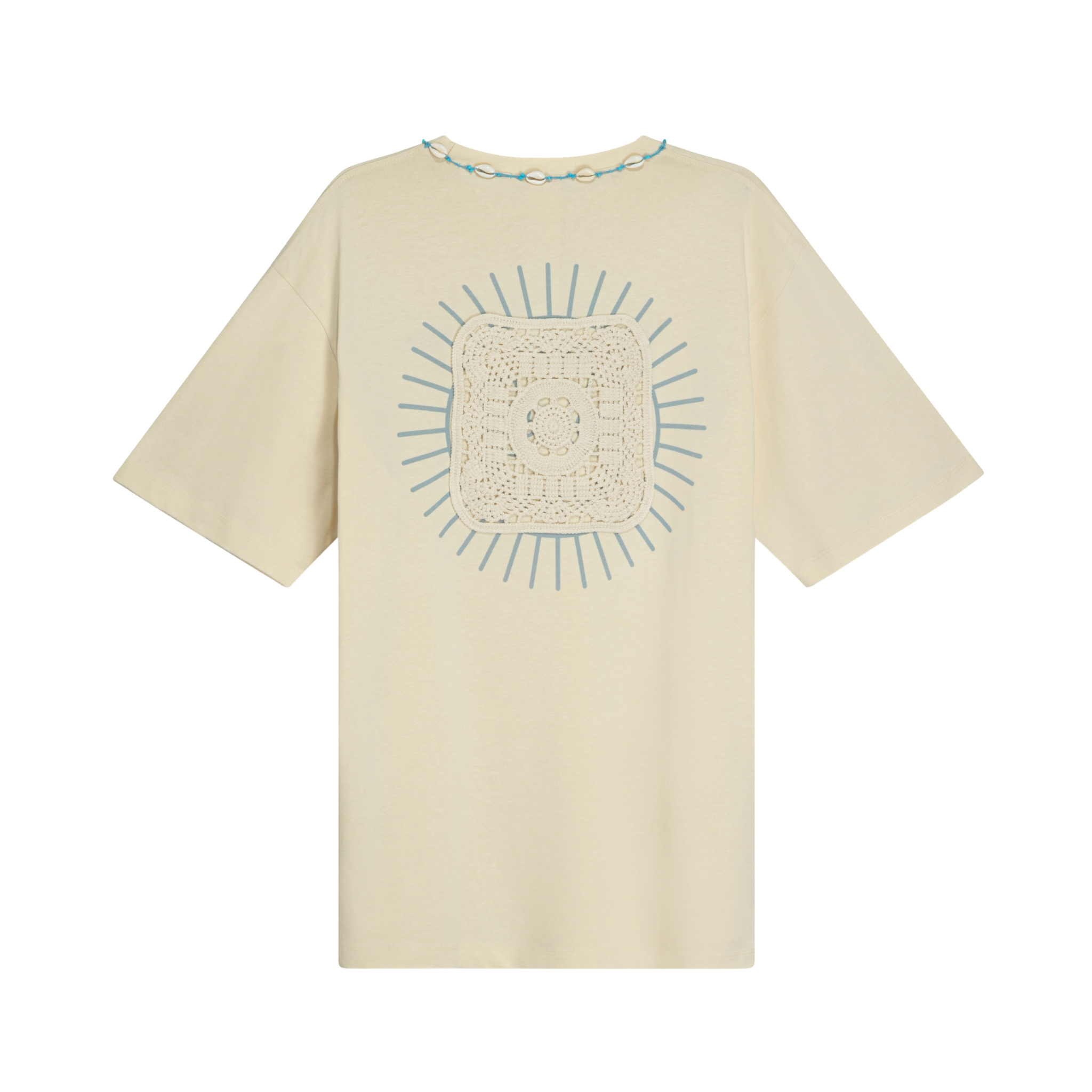 Unisex oversized Sabbia T-shirt, 100% cotton, handmade cowrie shell neckline, sunburst Club Hallelujah logo with handsewn lace detail at back