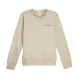 Front view of unisex stone sweatshirt, 100% cotton, Club Hallelujah logo embroidery, handmade braided drawstring, cowrie shells at neckline