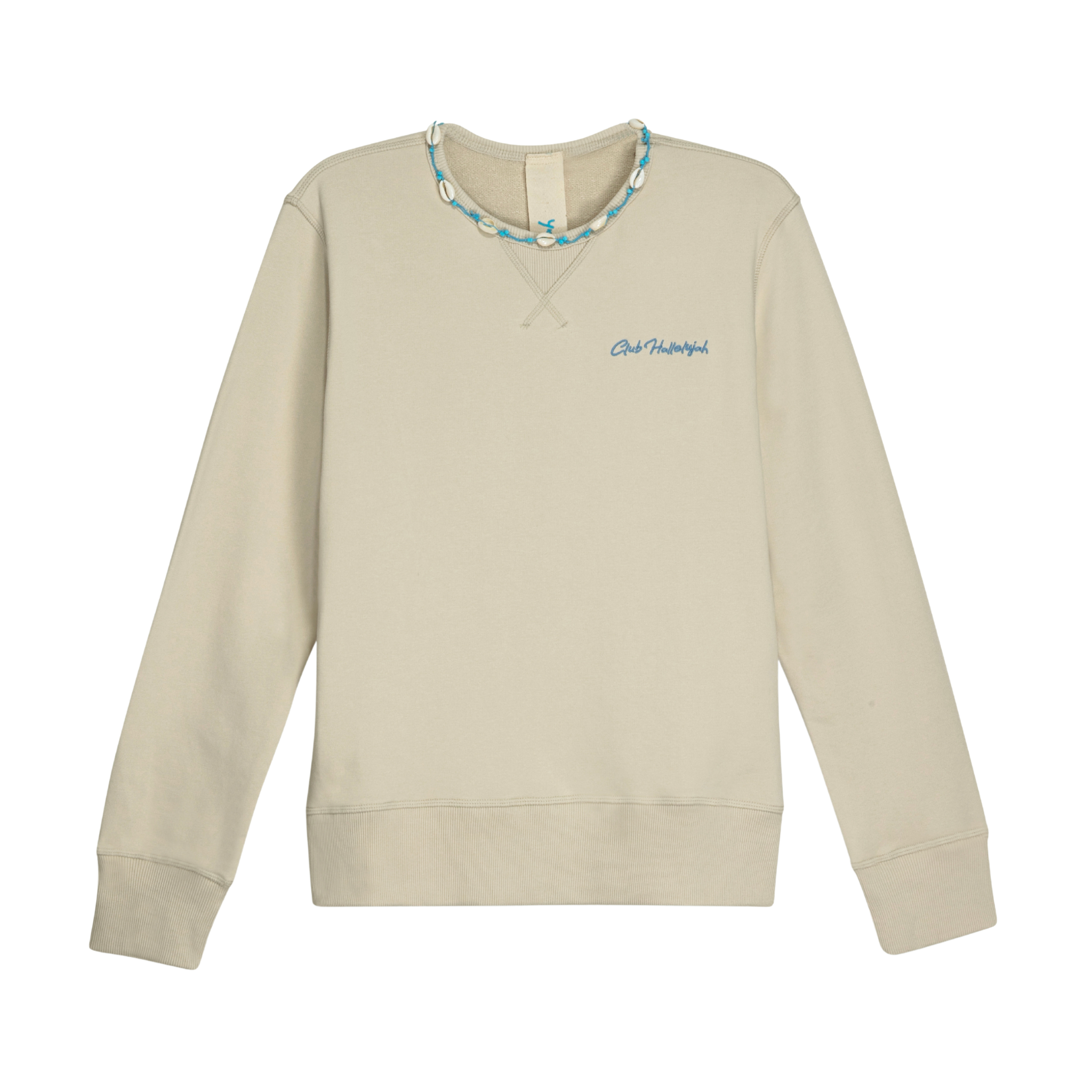 Front view of unisex stone sweatshirt, 100% cotton, Club Hallelujah logo embroidery, handmade braided drawstring, cowrie shells at neckline