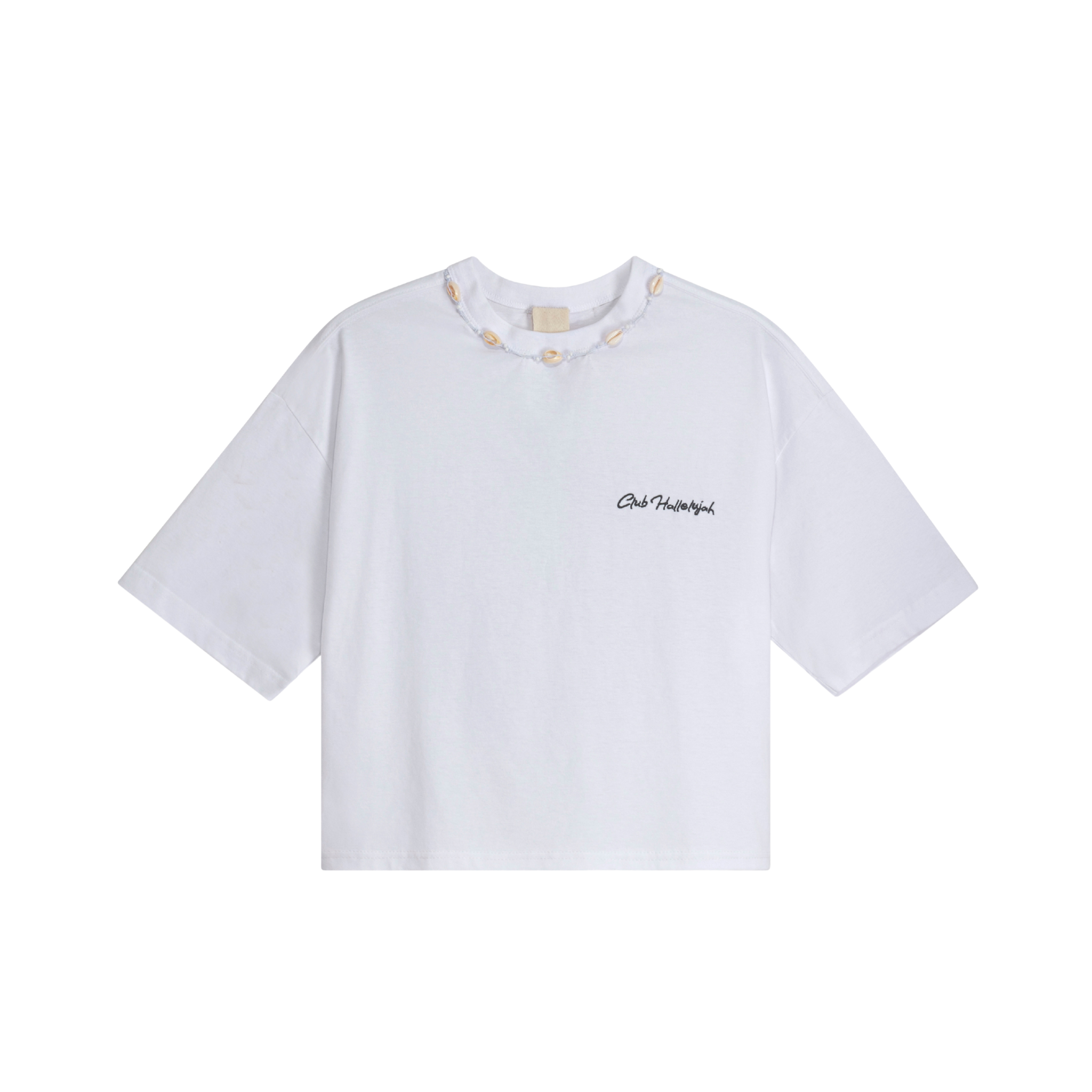 White organic cotton crop top with small 'Club Hallelujah' front logo and cowrie shell neckline, front view