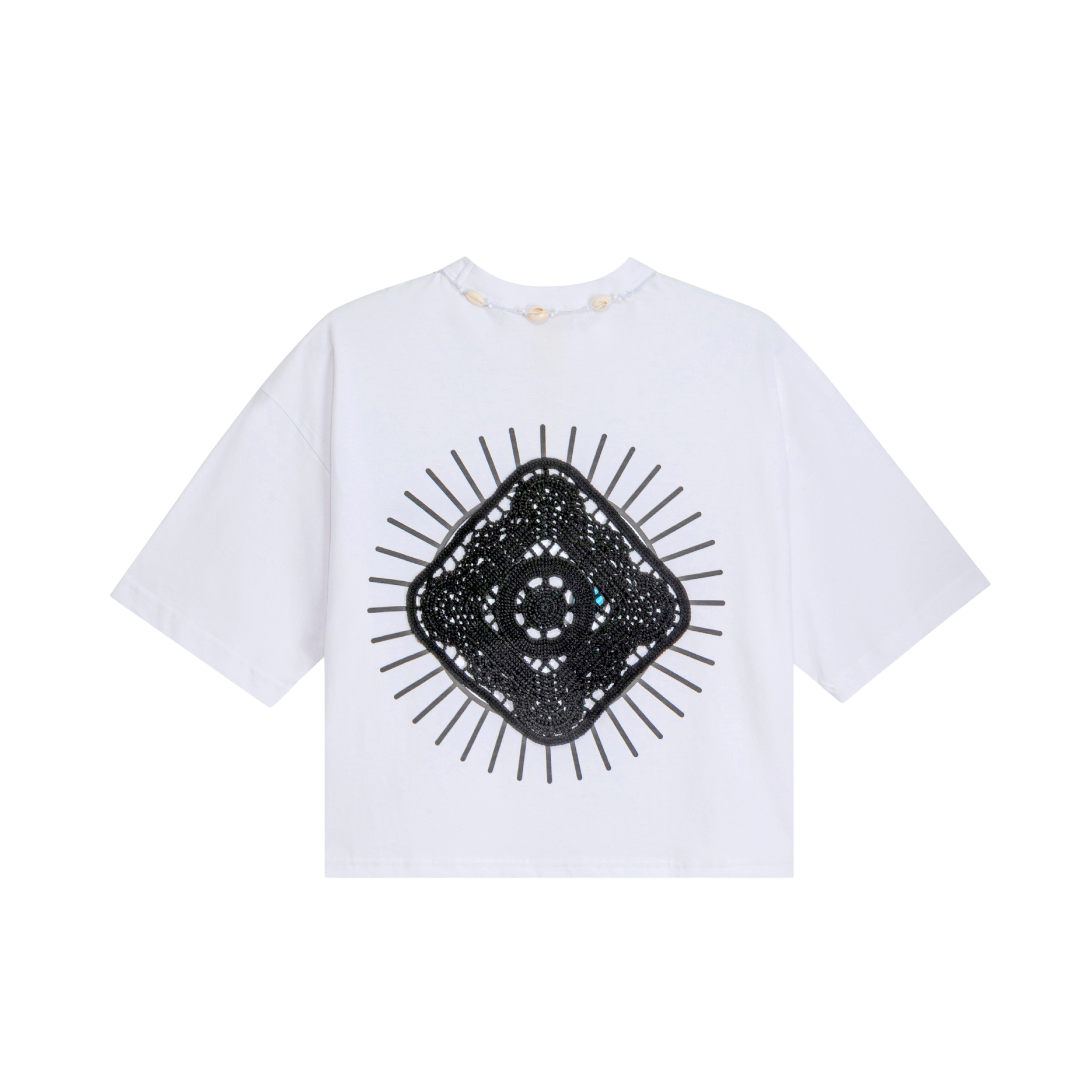 White organic cotton crop top, back view, with black sunburst appliqué and cowrie shell neckline