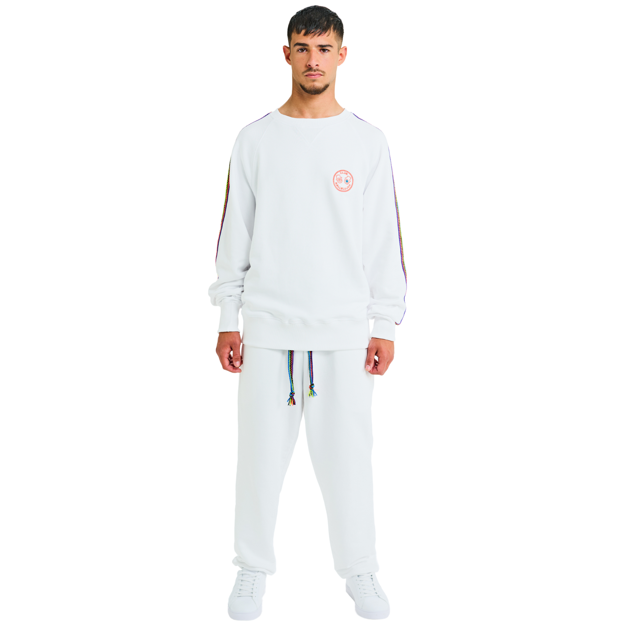 Male model front view wearing white oversized sweatshirt with embroidered logo and braided handmade sleeves