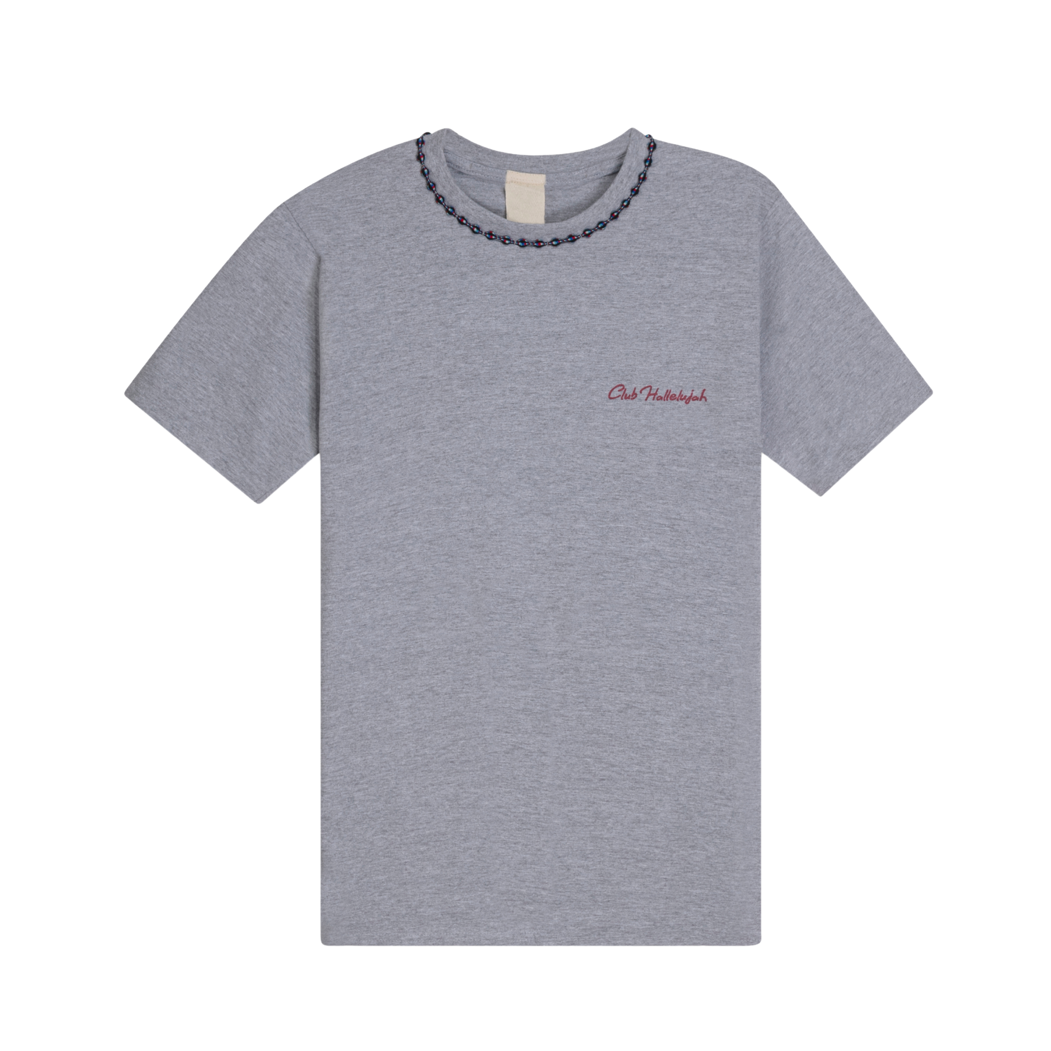 Ash grey mélange cotton T-shirt with small 'Club Hallelujah' front logo and braided neckline, front view
