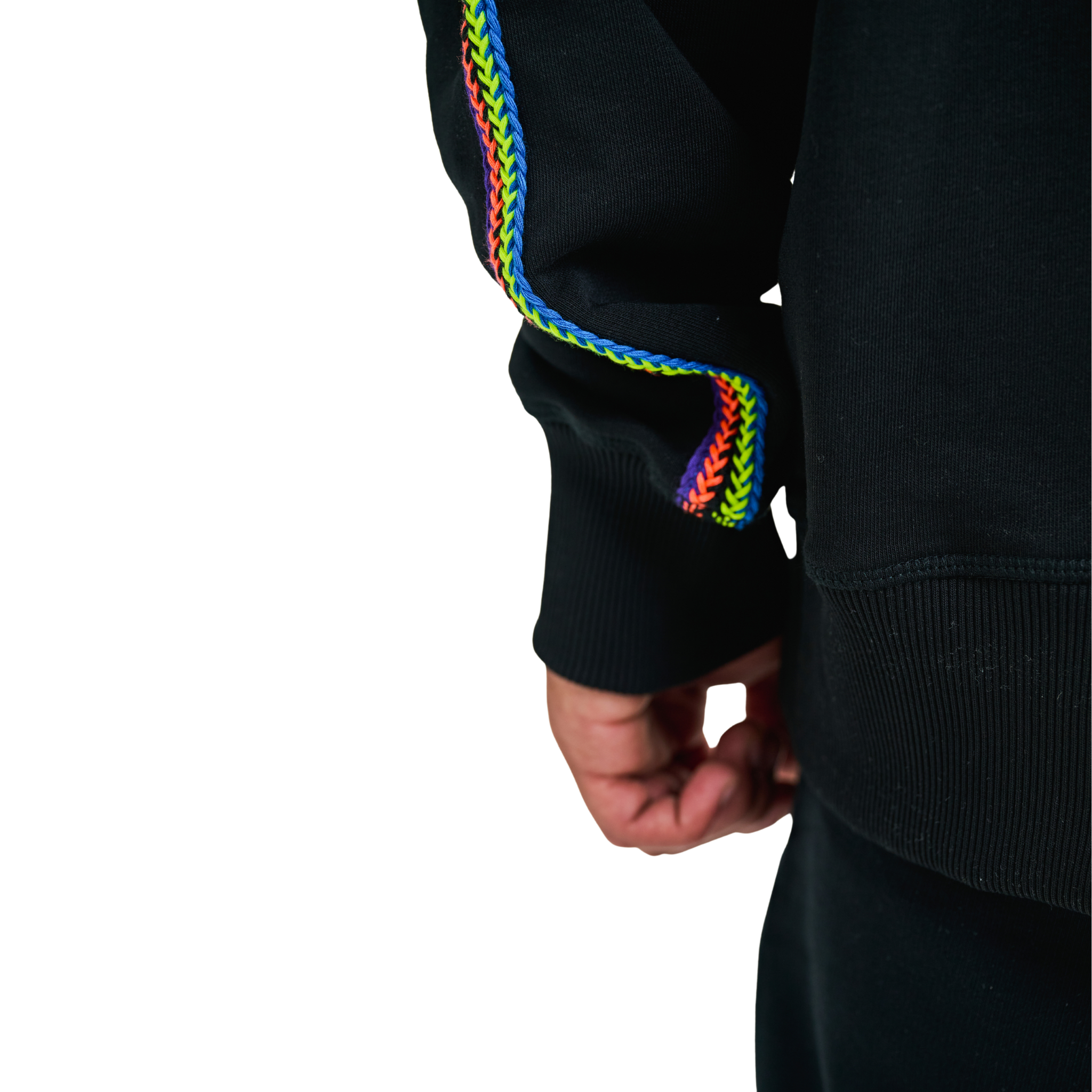 Close-up of hand-braided colorwork detail on sweatshirt sleeve