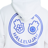Close-up of blue printed Club Hallelujah hamsa hands logo on back of unisex white hoodie, 100% cotton, handmade details.