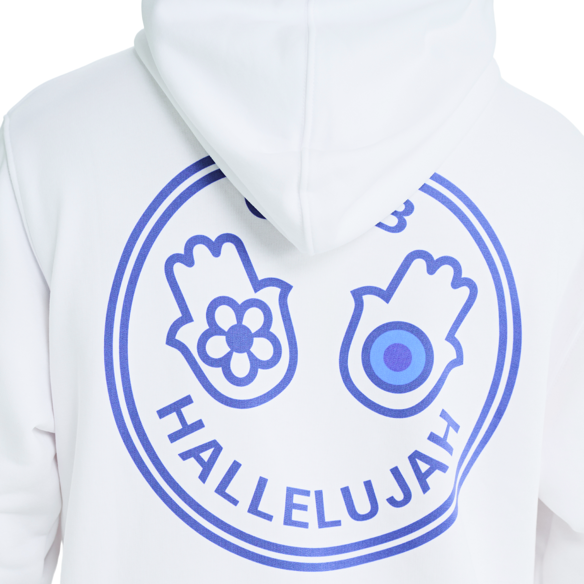Close-up of blue printed Club Hallelujah hamsa hands logo on back of unisex white hoodie, 100% cotton, handmade details.