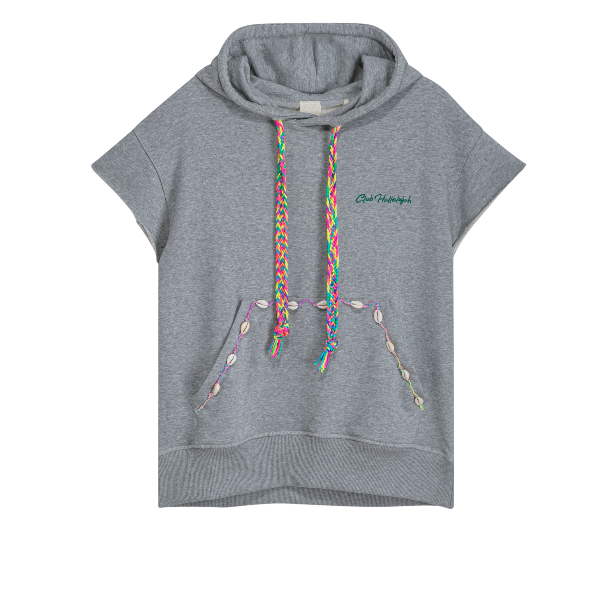 Front view of unisex gray melange short-sleeved hoodie, 100% cotton, handmade cowrie shell trim, braided drawstring, embroidered Club Hallelujah logo