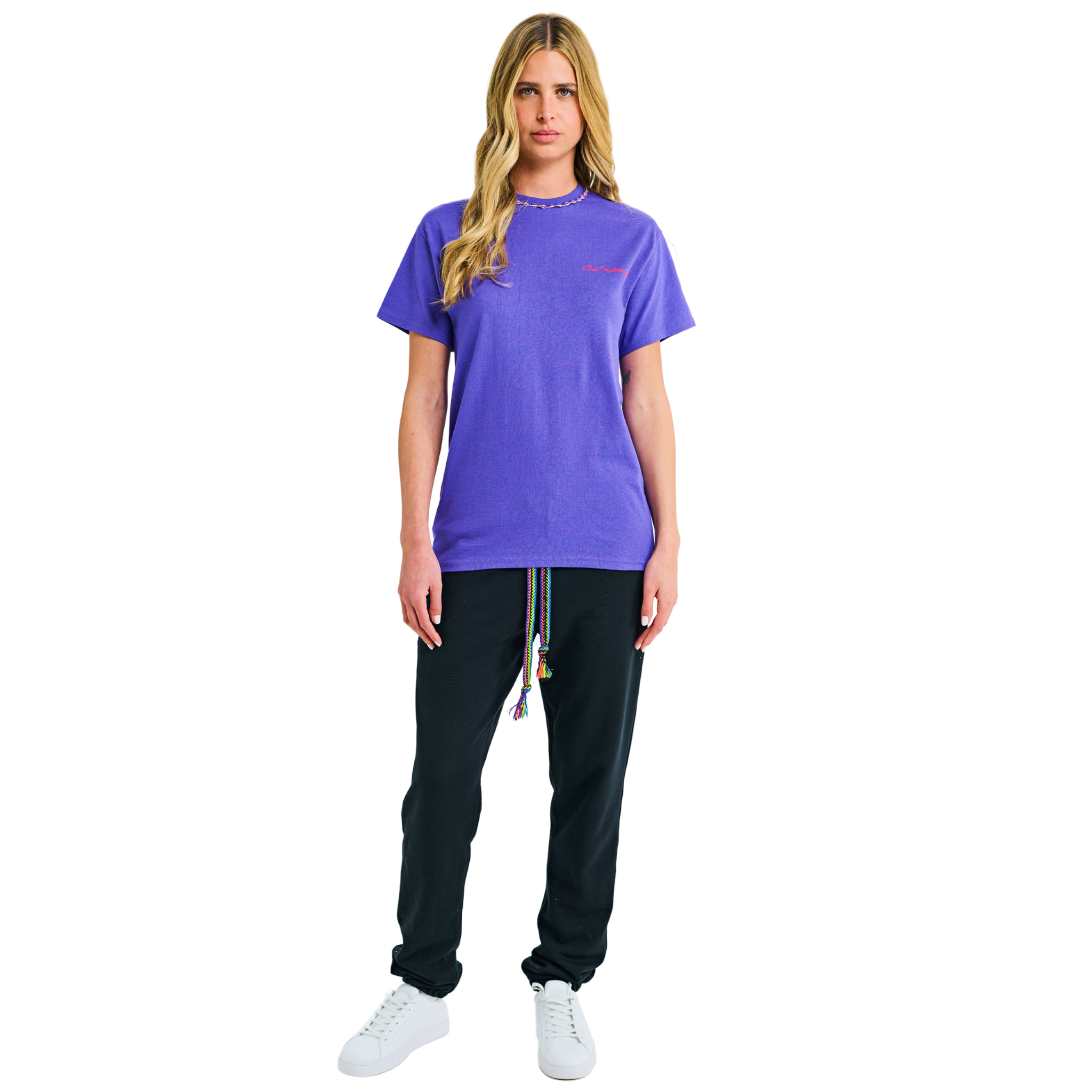 Female model wearing purple mélange T-shirt with small front logo and braided neckline, front view