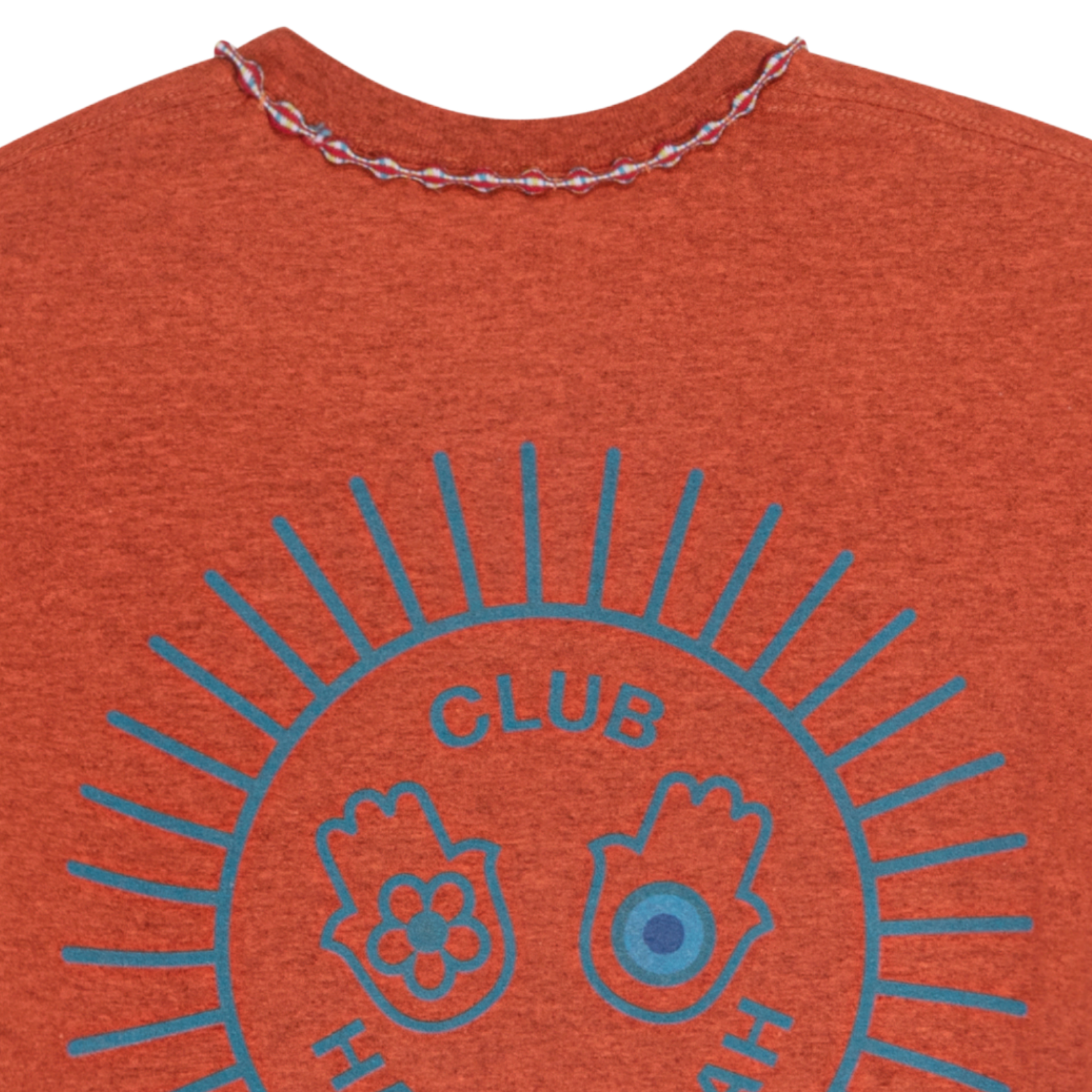 Close-up of blue sunburst 'Club Hallelujah' print on orange mélange cotton T-shirt, back view
