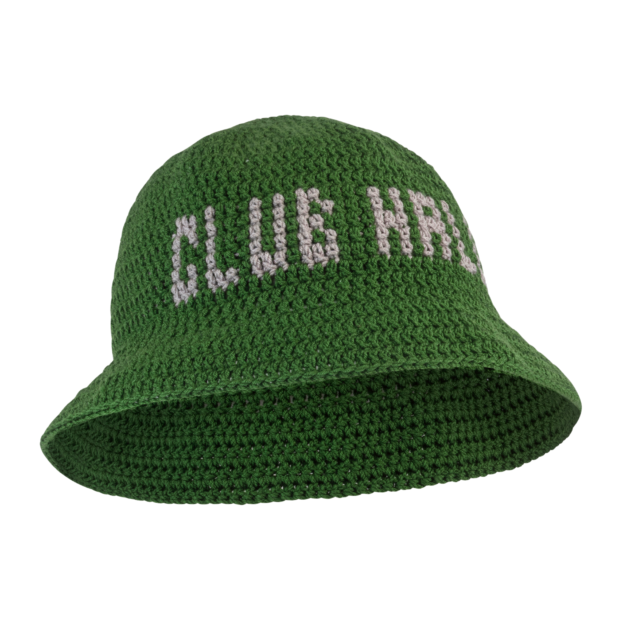 Green crochet bucket hat with 'Club Hallelujah' lettering, hand-stitched detail, front view
