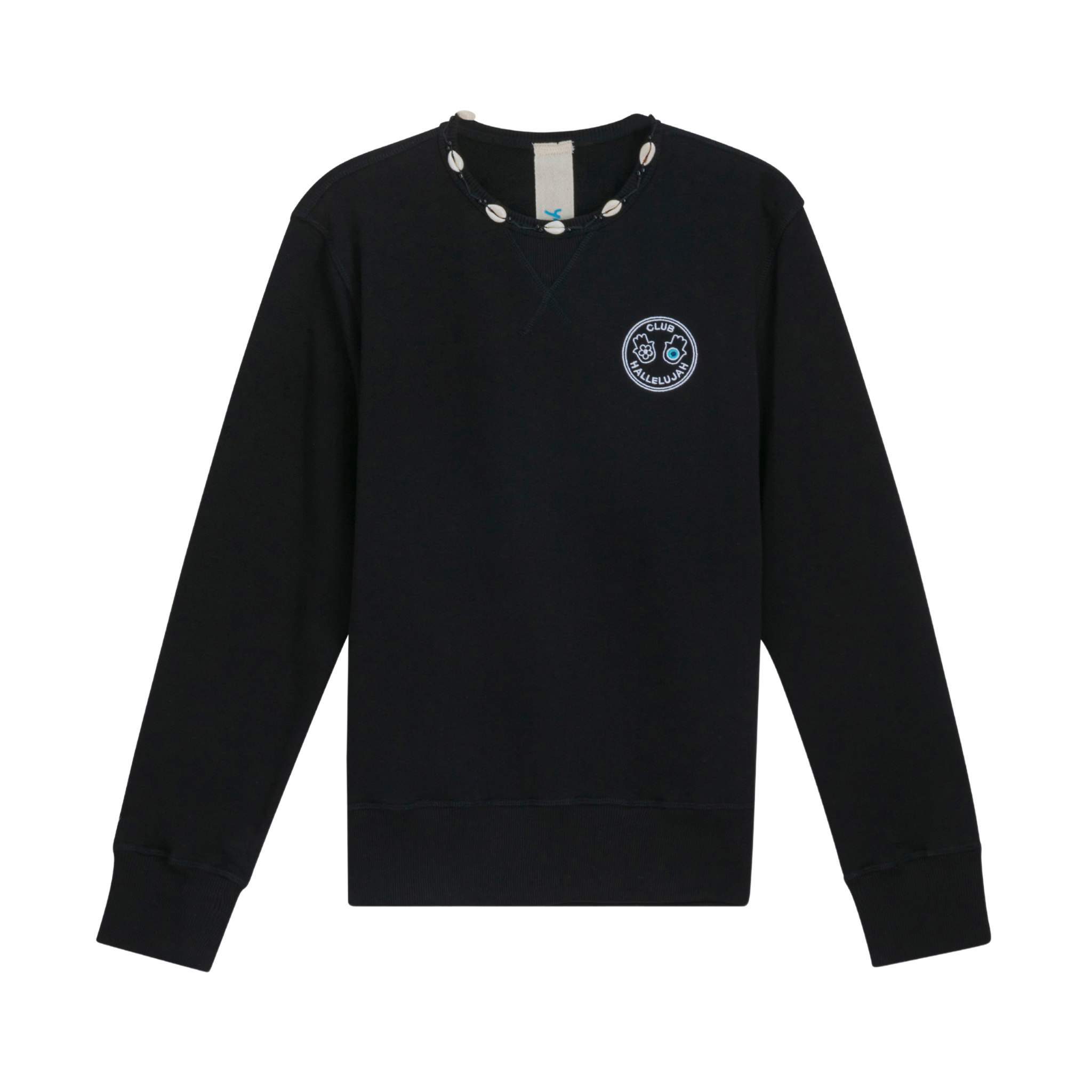 Front view of unisex black sweatshirt with embroidered logo and handmade braided shell details on neckline