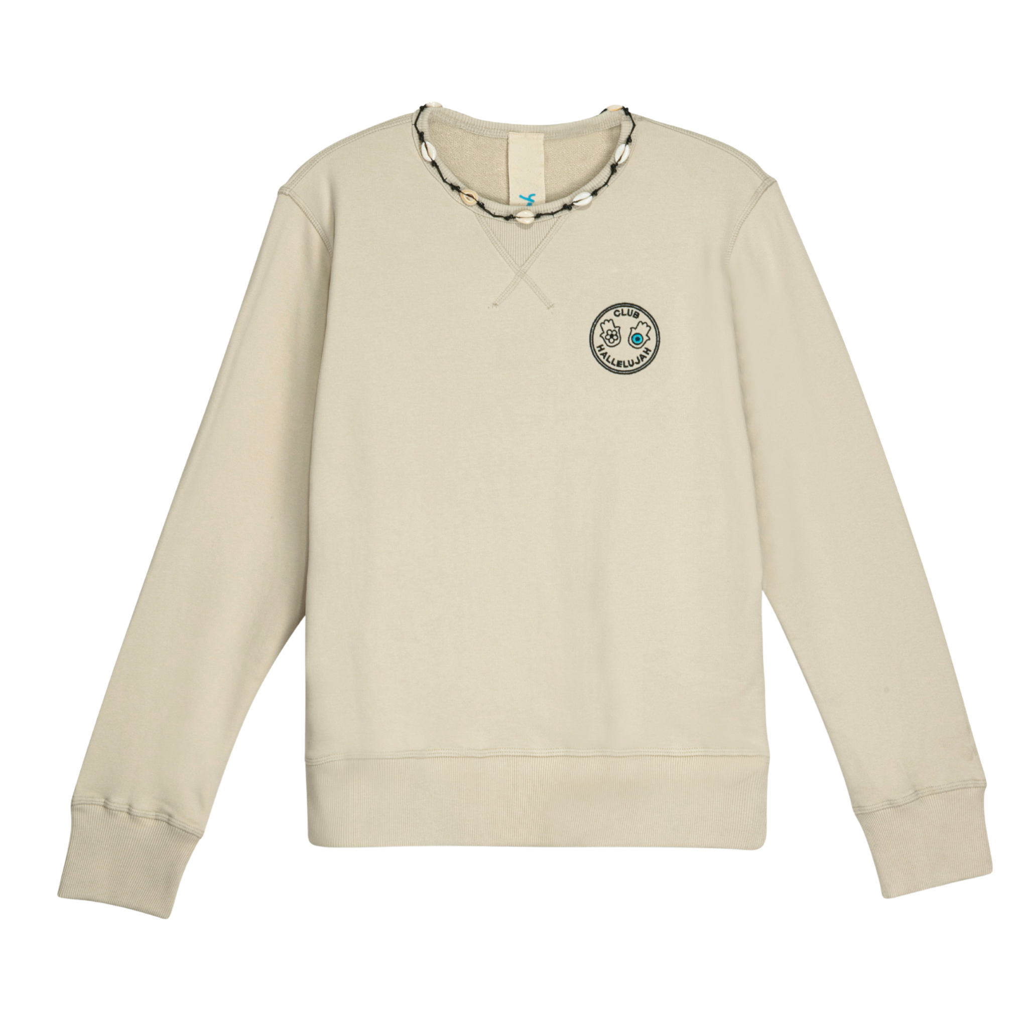 Front view of unisex stone sweatshirt with embroidered logo and handmade braided shell details on neckline
