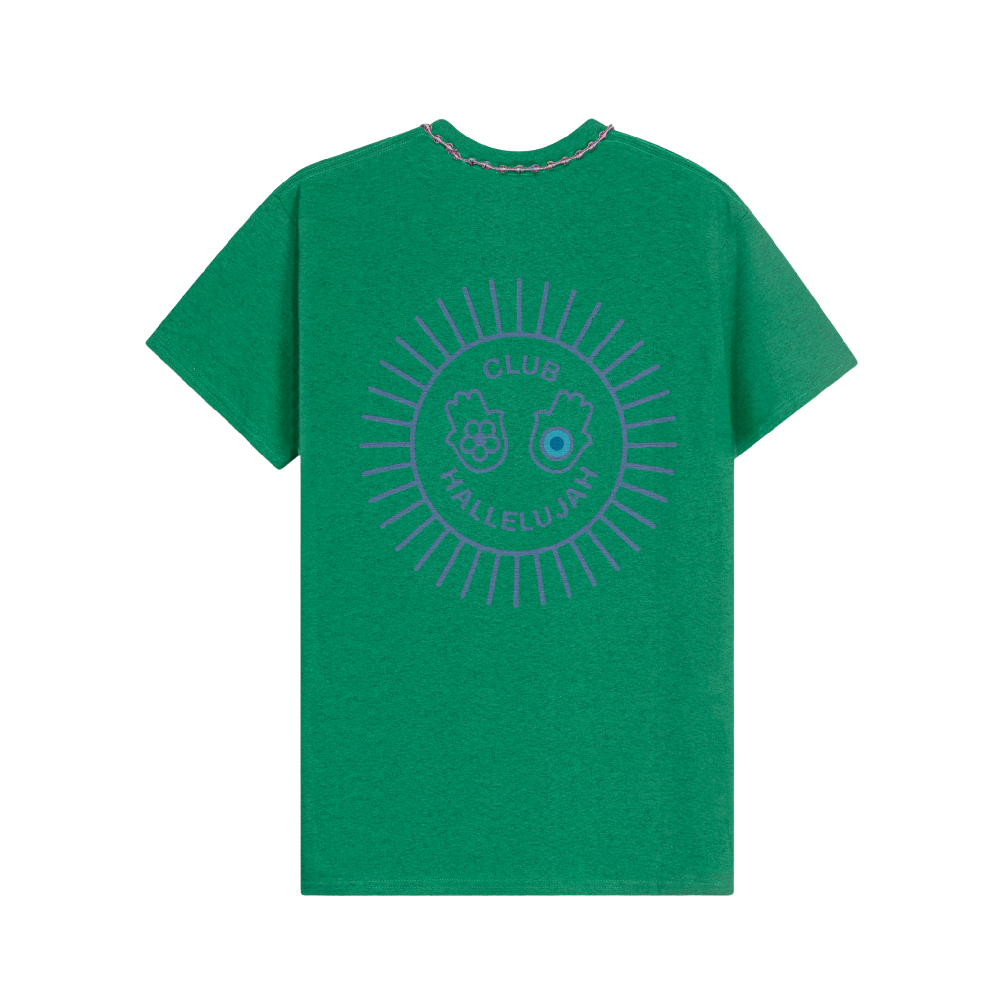 Green mélange cotton T-shirt, back view, with light blue sunburst 'Club Hallelujah' print and braided neckline