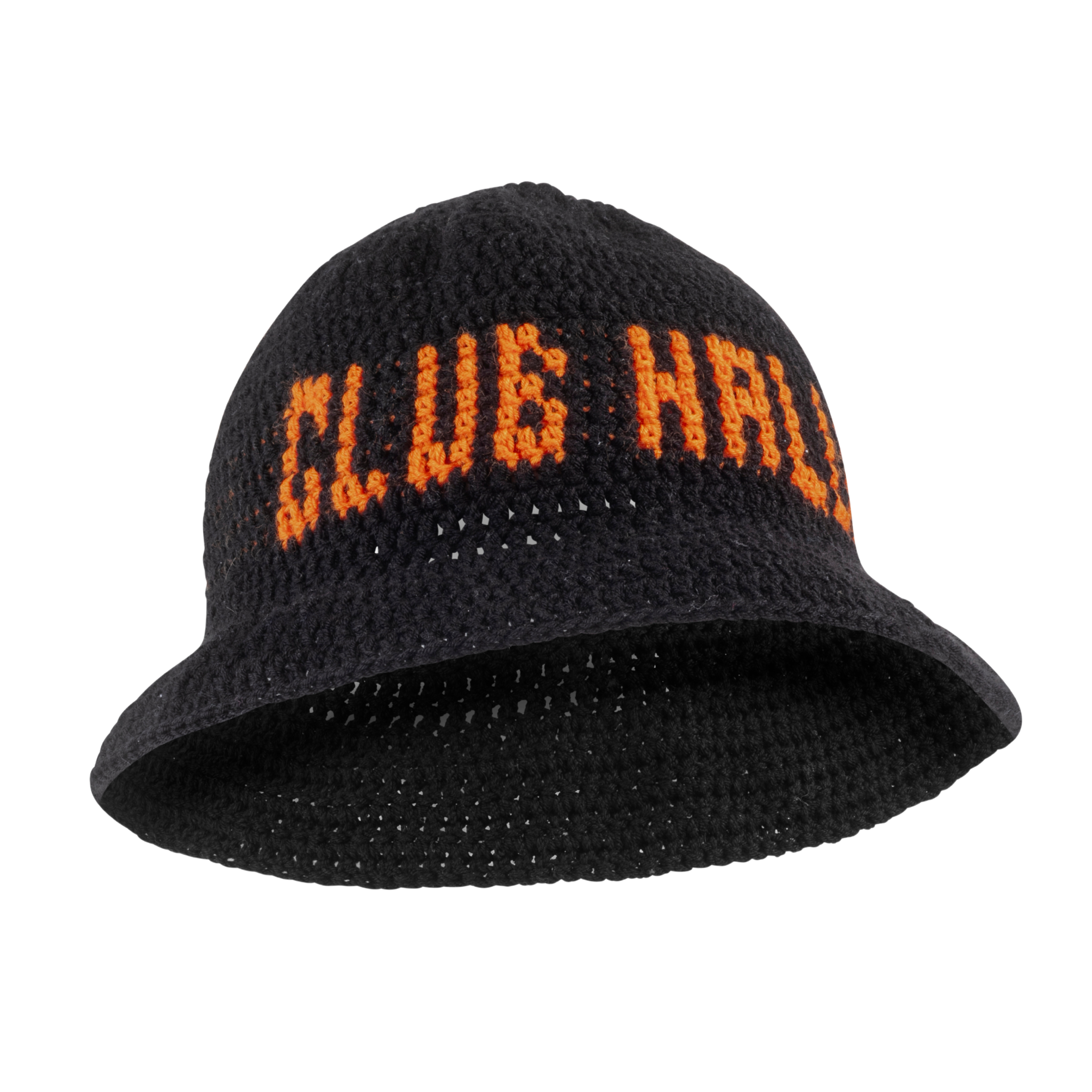 Black hand-crocheted bucket hat with orange 'CLUB HALLELUJAH' lettering, front angle