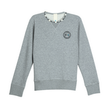 Front view of grey mélange sweatshirt with embroidered logo and handmade braided shell details at neckline