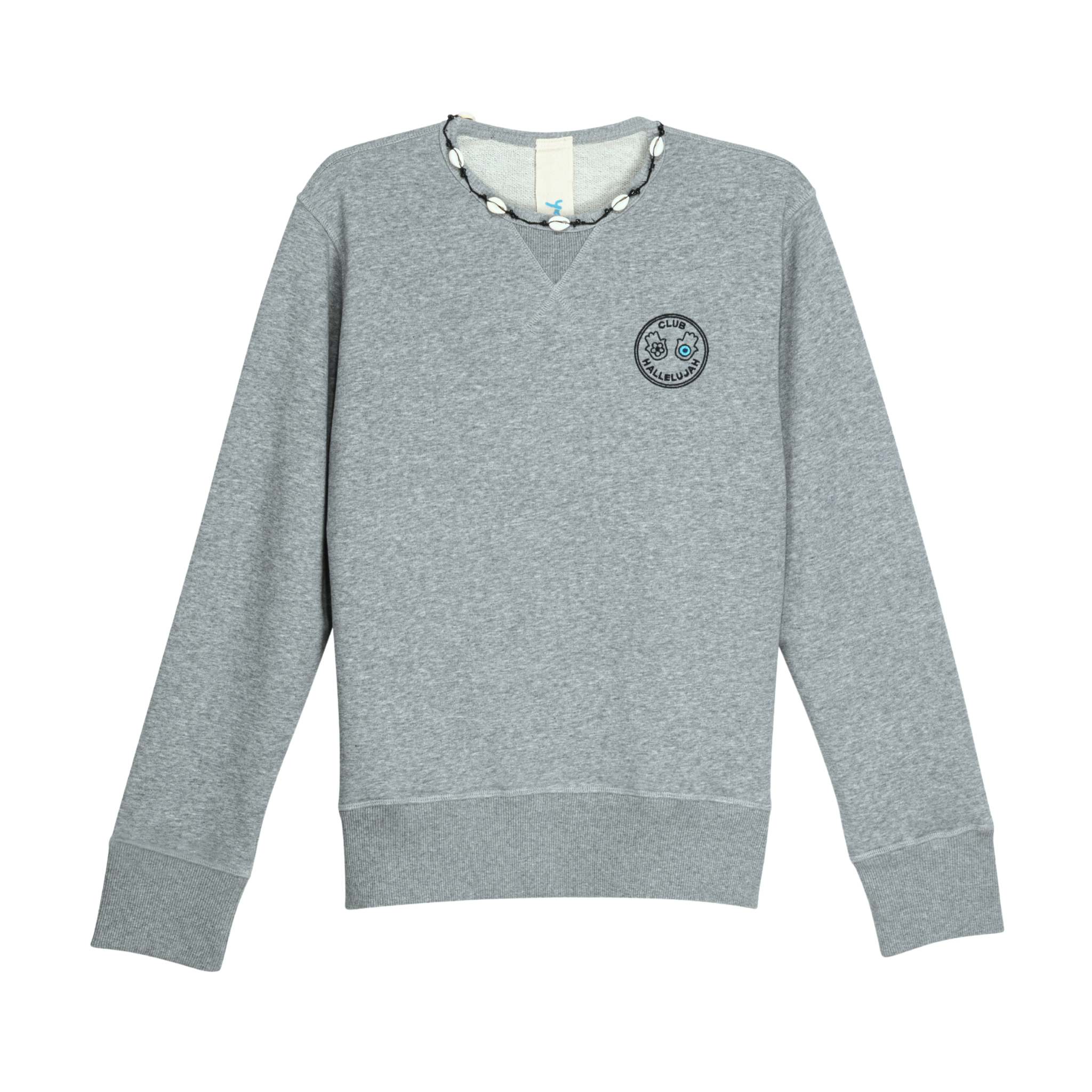 Front view of grey mélange sweatshirt with embroidered logo and handmade braided shell details at neckline