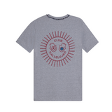 Ash grey mélange cotton T-shirt, back view, with red sunburst 'Club Hallelujah' print and braided neckline