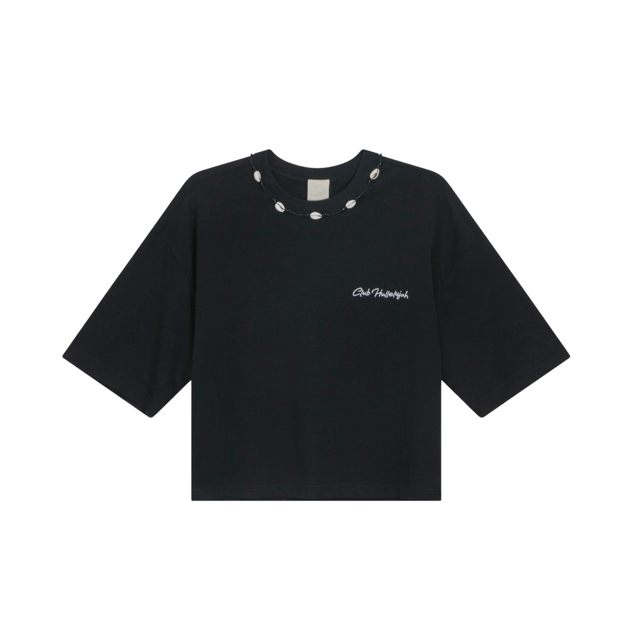 Black organic cotton crop top with small front logo and cowrie shell neckline, front view