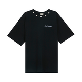 Front view of unisex black oversized T-shirt with embroidered logo and handmade braided shell details on neckline