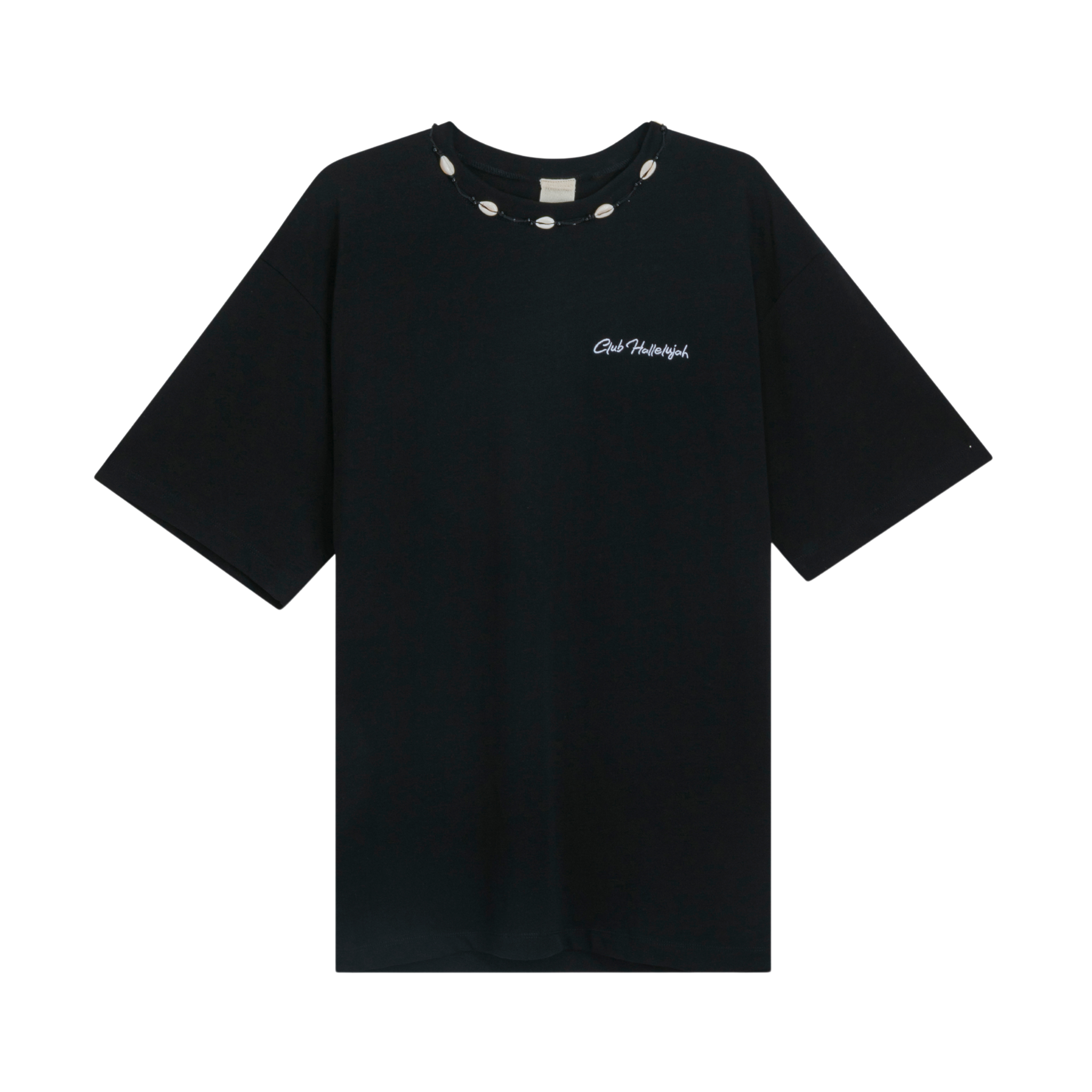 Front view of unisex black oversized T-shirt with embroidered logo and handmade braided shell details on neckline