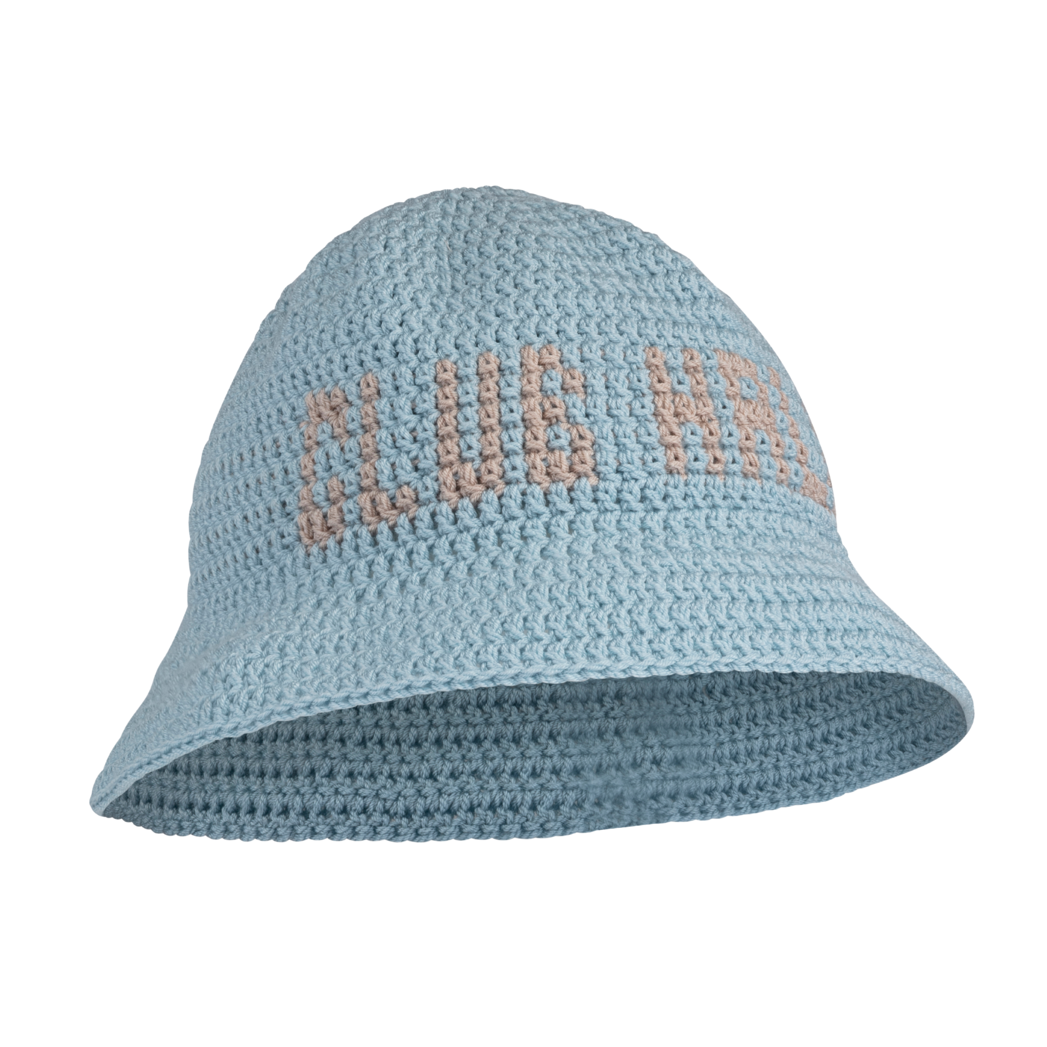 Baby blue hand-crocheted bucket hat with orange 'CLUB HALLELUJAH' lettering, front angle