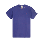 Purple mélange cotton T-shirt with small 'Club Hallelujah' front logo and braided neckline, front view