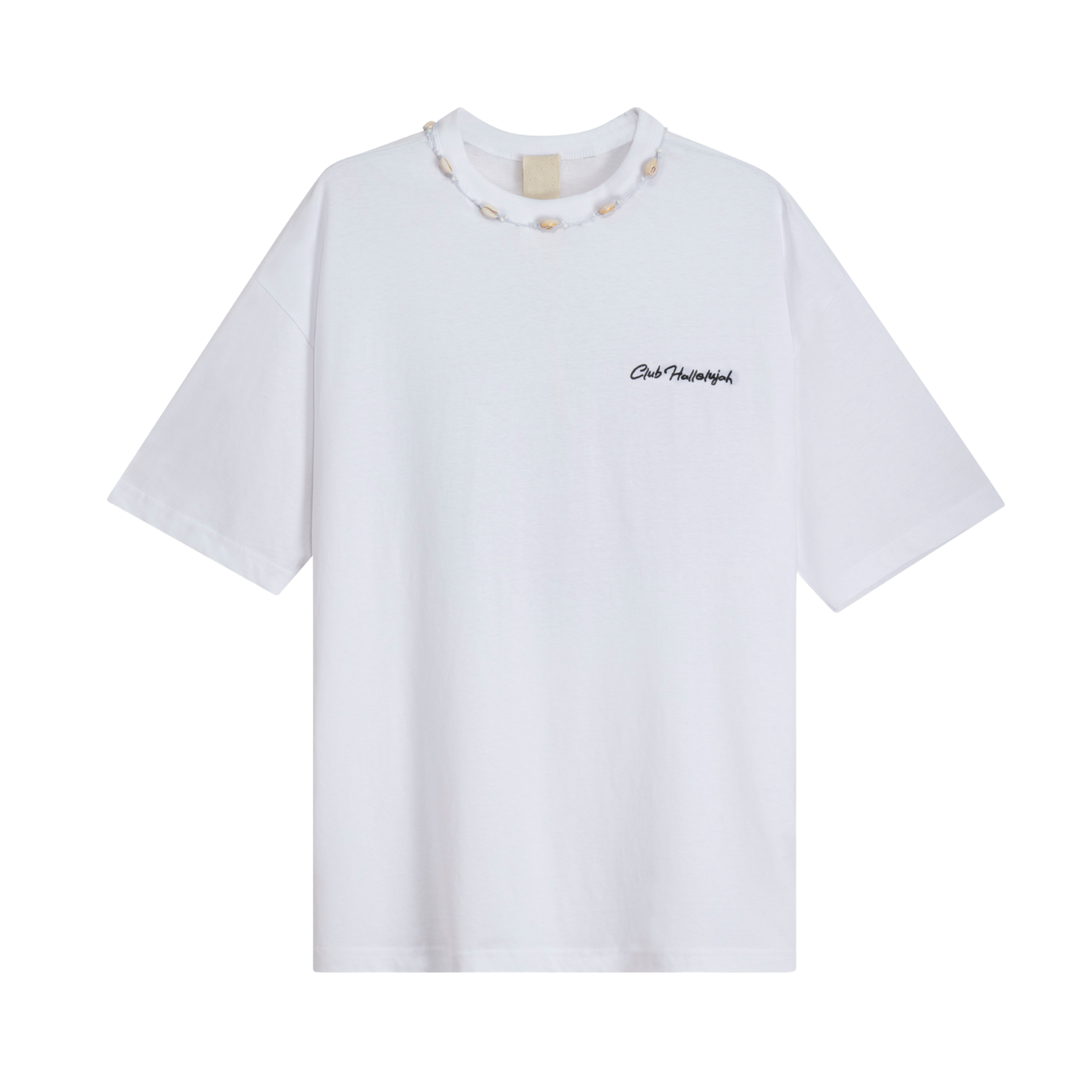 White oversized T-shirt with pink 'Club Hallelujah' embroidery and cowrie shell neckline, front view